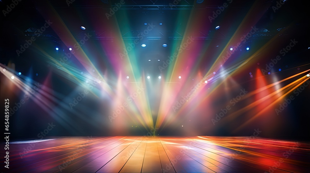 Poster blurred empty theater stage with fun colourful spotlights abstract image of concert lighting illumination background