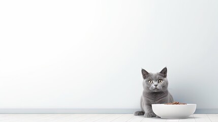 A gray cat peeps from a corner observing a food bowl on a white background Concept of animal emotions