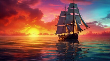 Fototapeta premium Sailboat sailing against colorful sunset on ocean