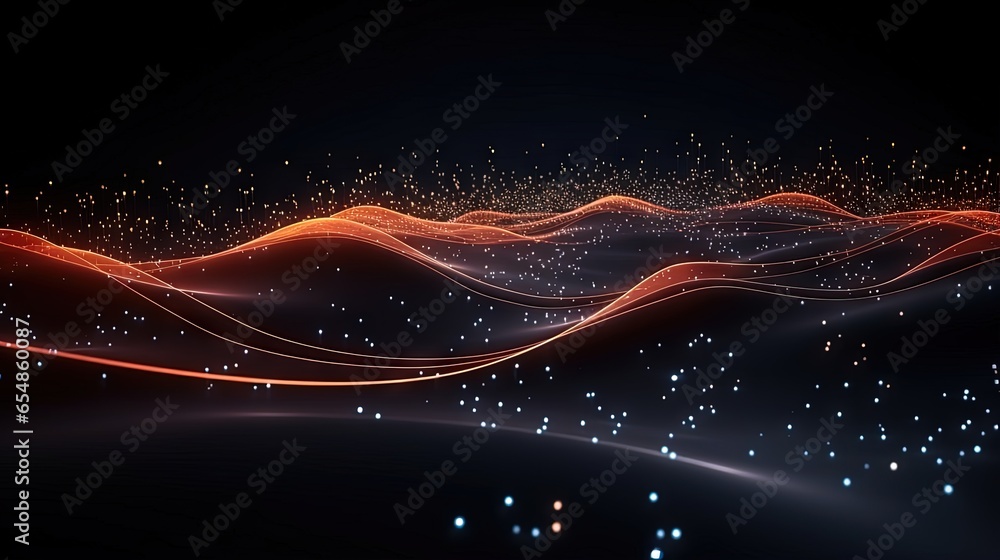 Poster Creating 3D visualizations with AI showcasing a dark background moving dots and lines representing a wave of abstract technological particles and visualizing big data