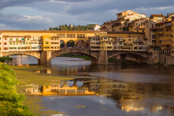 Sunset in Florence, Arno river and the Ponte Vecchio, Italy