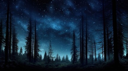 Naklejka premium Silent outdoor scene with starry sky forest silhouette