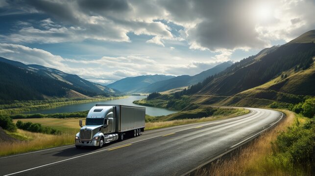 Industrial grade diesel semi truck transporting refrigerated commercial food cargo in Columbia Gorge with scenic view