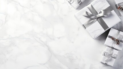 Christmas gift boxes on white marble Merry Christmas card frame Winter holiday theme Happy New Year Flat lay