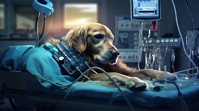 A dog with medical devices is on the operating table in a vet clinic waiting for surgery while the vet administers anesthesia