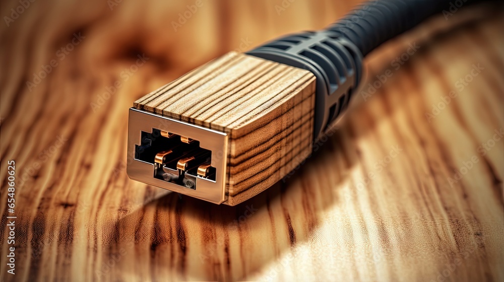Aufkleber close up macro view of an rj45 network cable connector with a wooden background