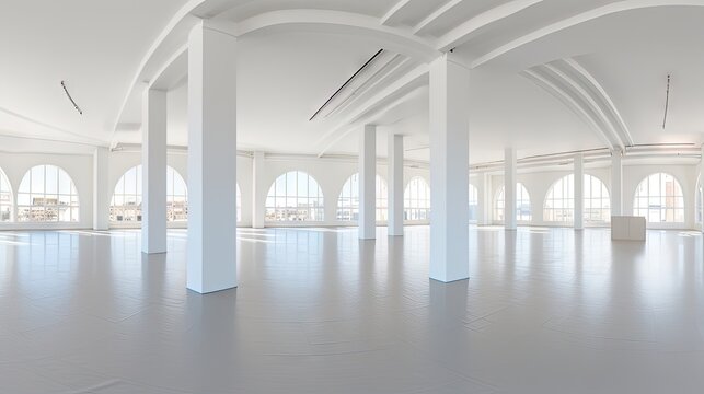 Empty white room with panoramic windows and seamless spherical HDRI panorama for office or store