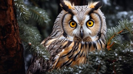Concealed image of owl with large orange eyes behind tree trunk wild creature in natural environment Sweden