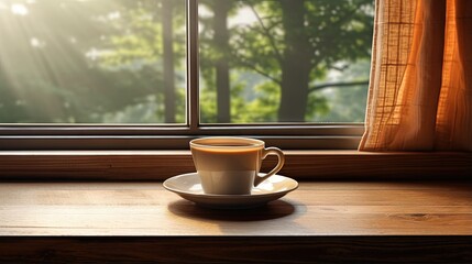 Hot beverages on wooden table next to window