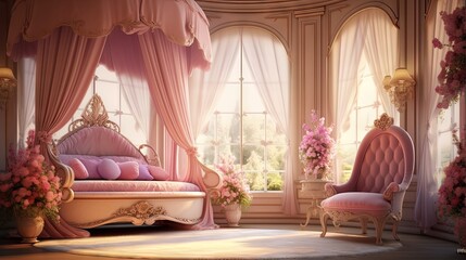 Illustration depicting a girl s bedroom with an armchair canopy and large windows inspired by a fairy tale princess room