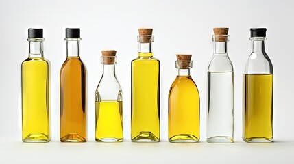 Assorted cooking oil bottles on white background space for text