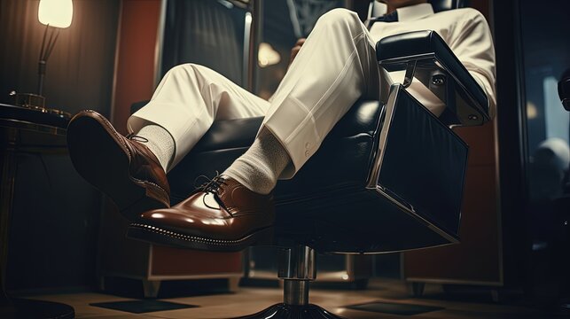 Cropped photo of modern barbershop armchair with male leg adjusting lever