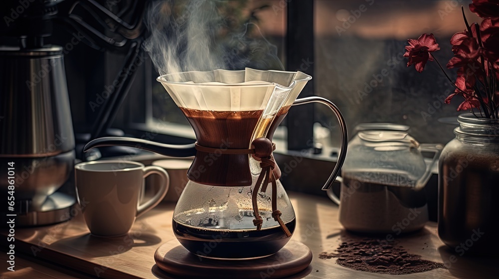 Poster alternative coffee brewing method with pour over dripper and paper filter