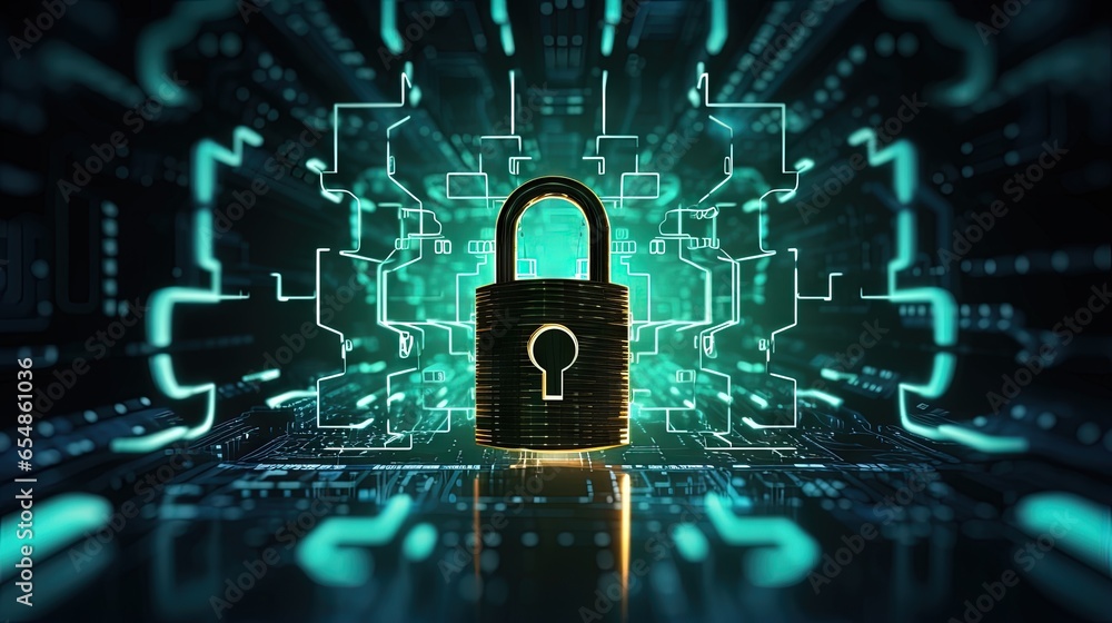 Poster Binary code background with a glowing circuit opening a lock representing safety and protection