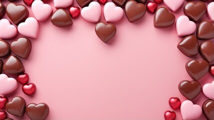 Valentine s card with red chocolate heart sweets on a pink backdrop Romantic and delicious treats