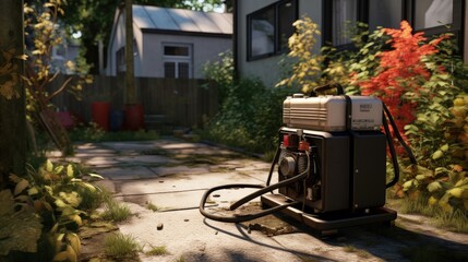 Generator on sidewalk in garden