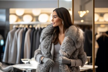 Woman in a winter clothing store. Winter sale, New Year's discounts - Powered by Adobe