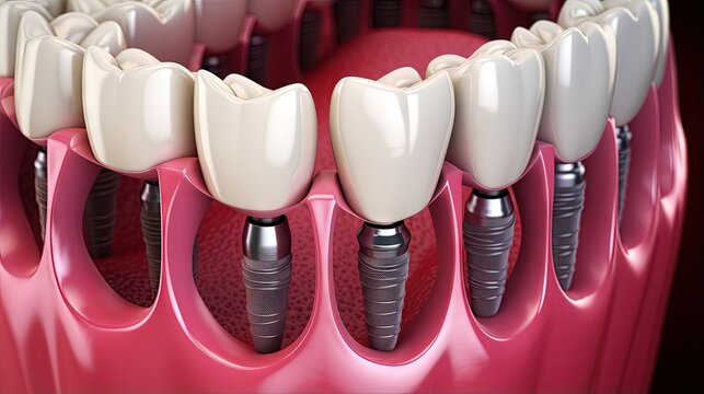 Medically accurate dental 3D illustration of an All on 2 system supported by implant based ball attachments for mandibular removable prosthesis