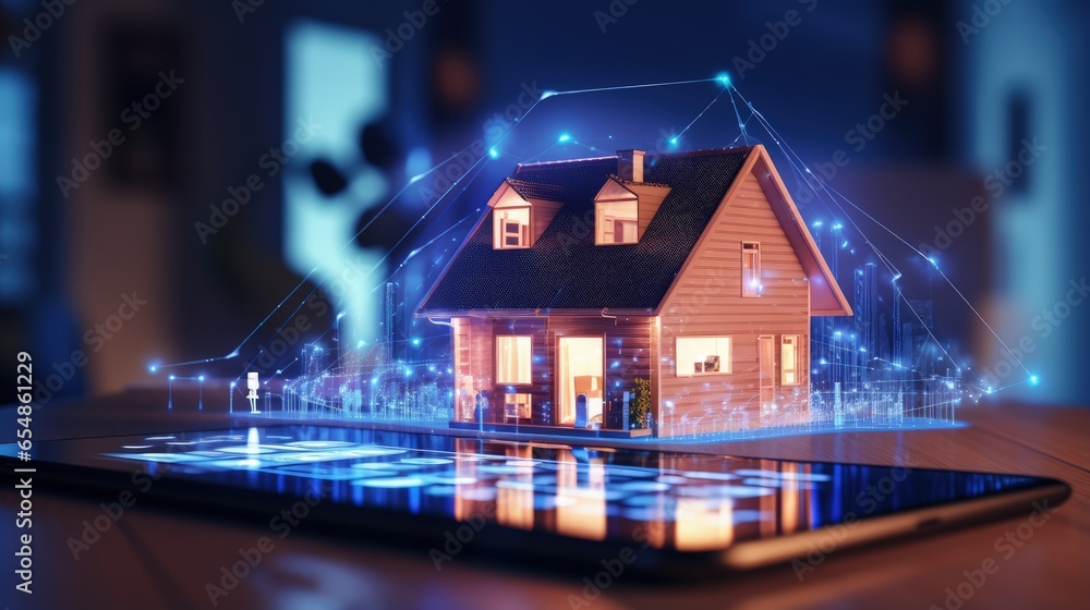 Poster smart home automation system with wireless connections and electronic icons on a tablet screen contr