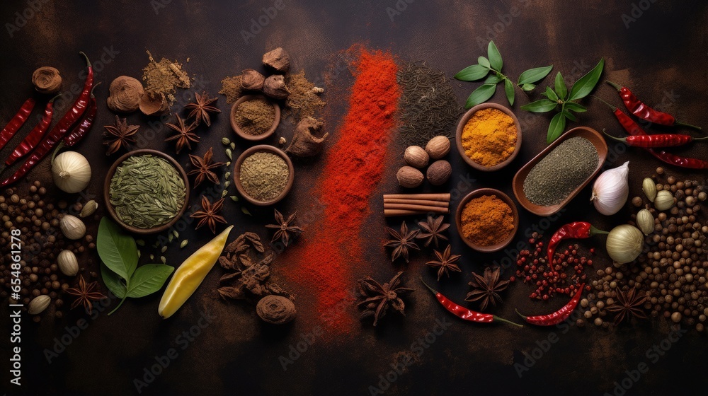 Aufkleber spices arranged on old dark background from above