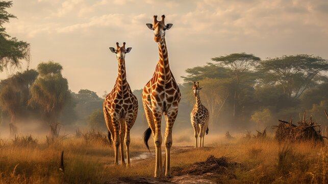 Four giraffes from the Rothschild subspecies standing in Murchison Falls NP Uganda