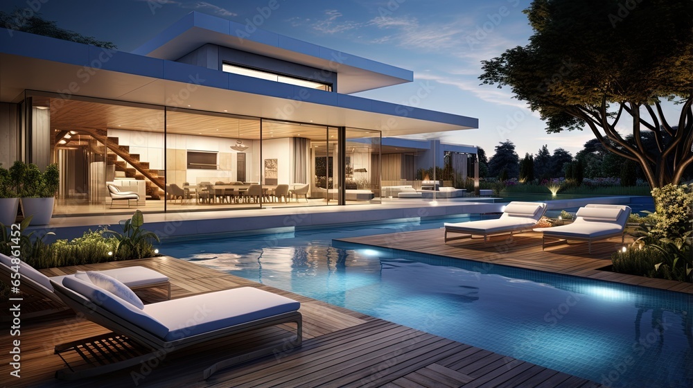 Poster 3d rendering of a luxurious contemporary backyard with a pool
