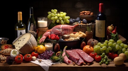 Assorted grocery items like produce meat dairy and wine