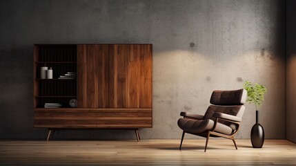 3D rendering of a contemporary living room with wooden furniture