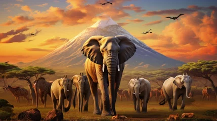 Foto auf Acrylglas Kilimandscharo African animals such as giraffes lions elephants monkeys and others gather near Mount Kilimanjaro