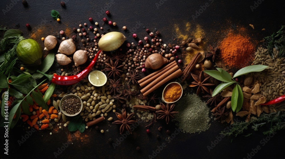 Poster spices arranged on old dark background from above