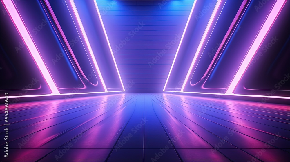 Poster neon lamps create a colorful backdrop with diagonal lines on an empty purple stage