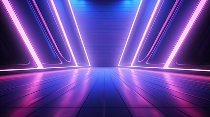 Neon lamps create a colorful backdrop with diagonal lines on an empty purple stage - obrazy, fototapety, plakaty
