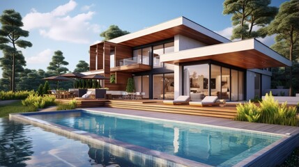 Fototapeta na wymiar Contemporary vacation villa with pool and deck in modern design
