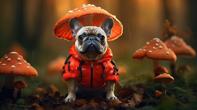 French Bulldog wearing a mushroom costume in autumn forest