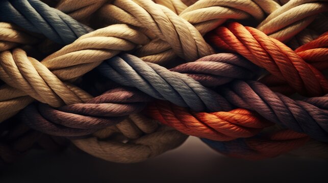 The business metaphor of unity teamwork connects diverse ropes for cooperation