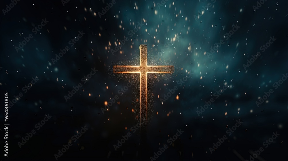 Poster Christian cross silhouette with lights and bokeh on black background representing faith symbol and church worship Also symbolizes salvation Jesus Christ and Easter in Christianity