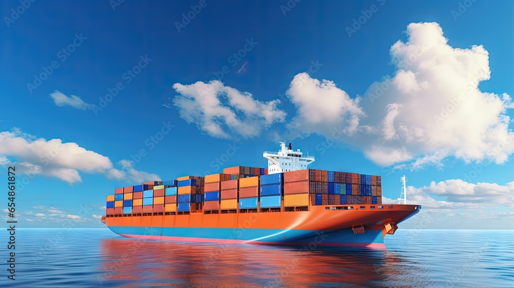 Poster aerial view of a smart cargo ship transporting containers from a depot to the ocean depicting the co