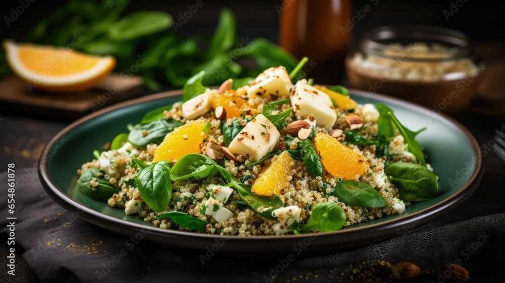 Poster plant based salad with spinach quinoa pears oranges and ricotta