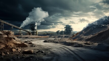 A dramatic sky over a gravel pit and screening plant with conveyor belts in Alberta Canada - obrazy, fototapety, plakaty