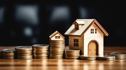 Preparing for buying or renting properties via agents modeling wooden houses and tables with coins and dollars represents the growing real estate economy