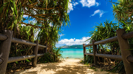 Dramatic view of tropical blue sea or ocean by the white beach and floating a cloud in summer, Okinawa in Japan, Nobody, Landscape or travel, High resolution for wallpaper