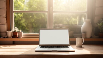 Fototapeta premium Modern laptop with blank white screen on the table 