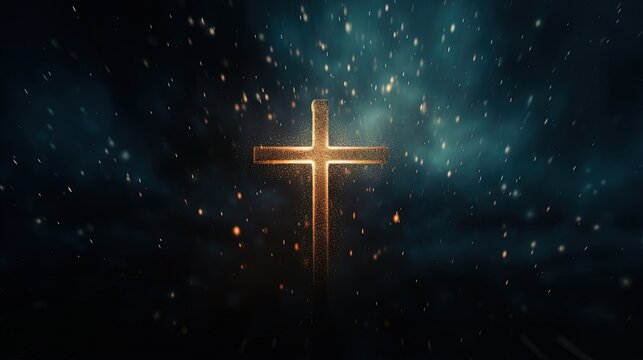 Christian cross silhouette with lights and bokeh on black background representing faith symbol and church worship Also symbolizes salvation Jesus Christ and Easter in Christianity