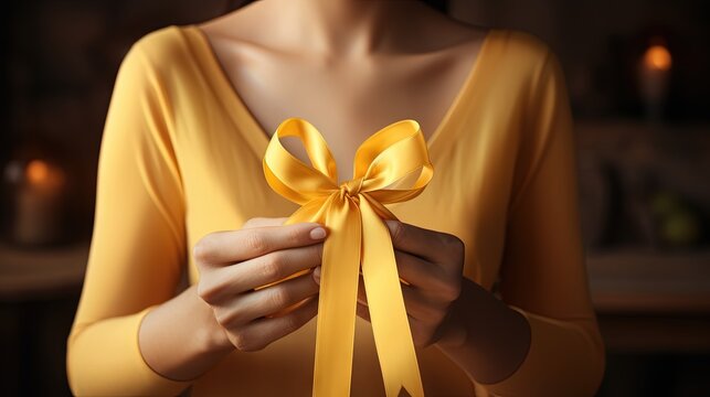 Global day focusing on childhood cancer sarcoma bladder cancer leukemia and multiple sclerosis Woman with yellow ribbon - Powered by Adobe