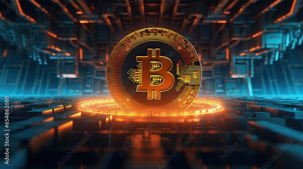 Poster bitcoin backdrop in polygonal glow depicting cryptocurrency and finance 3d render