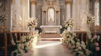 Fototapeta na wymiar Wedding day specifics Church decor with plants candles and film like texture