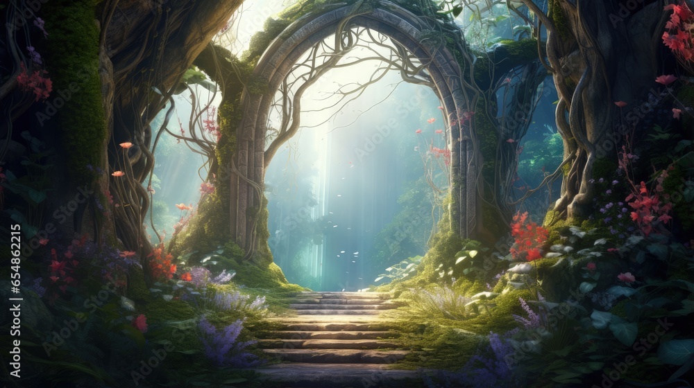 Poster 3d illustration of a vine covered archway in a magical forest with mist on a spring day