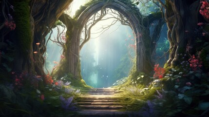 3D illustration of a vine covered archway in a magical forest with mist on a spring day