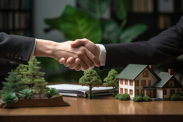 A photo of a real estate agent and their client shaking hands after agreeing to sign a contract for the sale of a house and land, black firday photo - obrazy, fototapety, plakaty