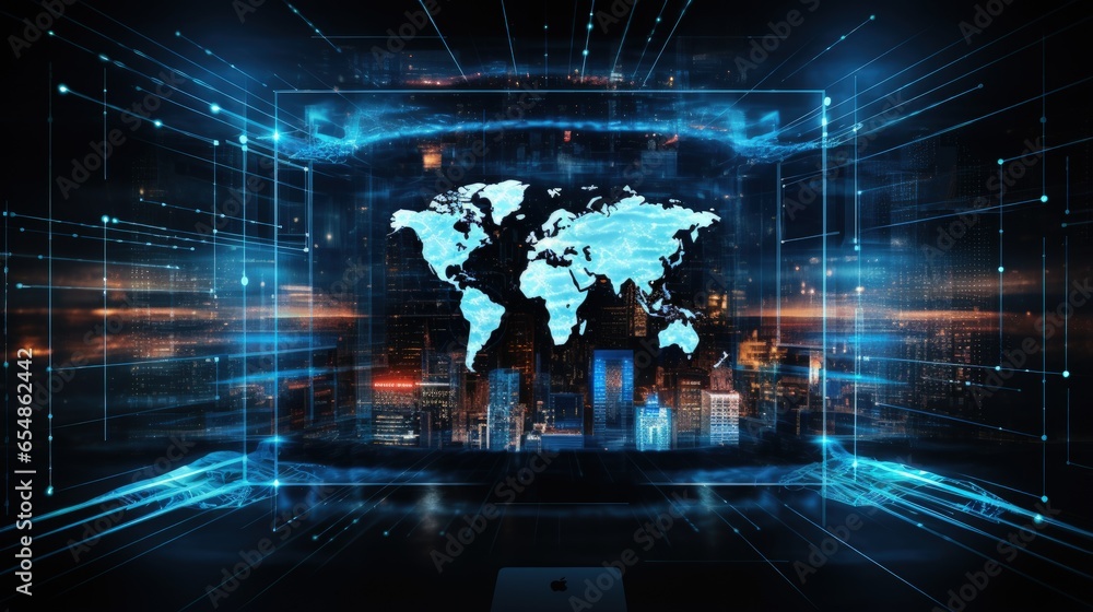 Poster Cybersecurity surveillance data analytics worldwide coding GDPR HTML hacking satellite software development global map night computer screen